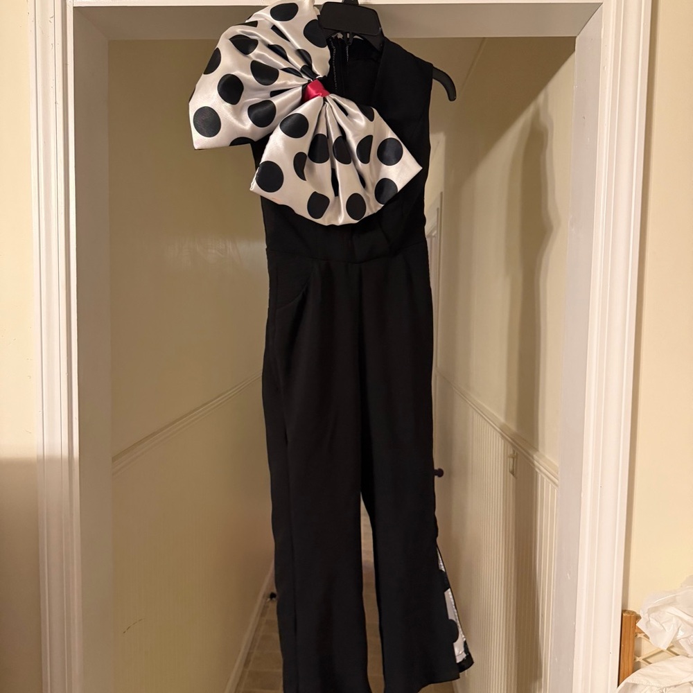 Black One-Shoulder Jumpsuit with Polka Dot Bow pageant casual wear